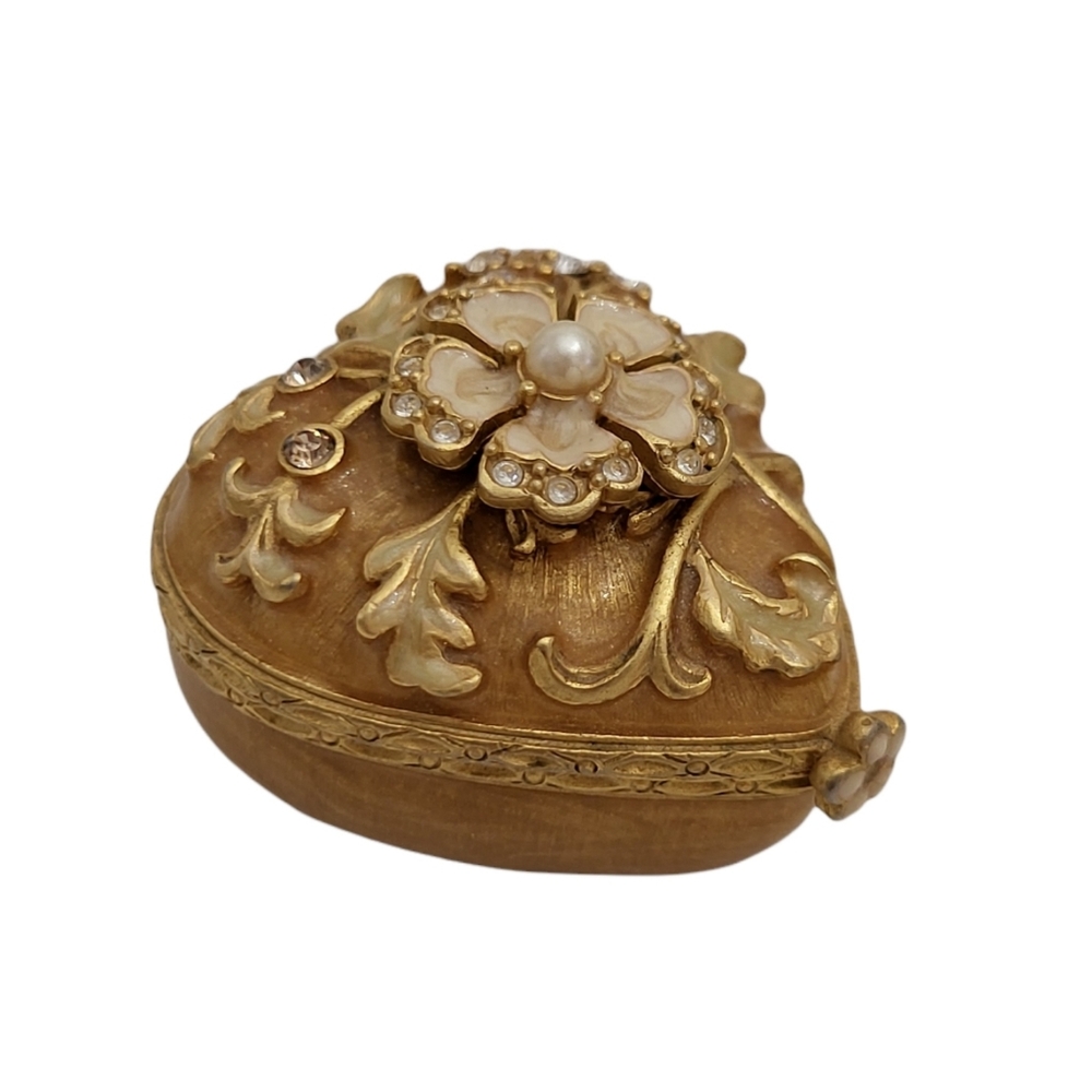 JAY STRONGWATER GOLD HEART  TRINKET BOX W/SWAROVSKI CRYSTALS & FLOWERS  2002